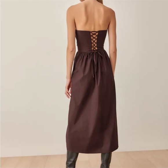 NWOT Reformation Buckley Cafe Brown Strapless Lace up Back Midi Dress size 2 - Picture 7 of 9